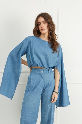 Crop top με μακριά μανίκια jean - Image 3