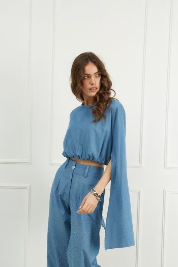Crop top με μακριά μανίκια jean - Image 2